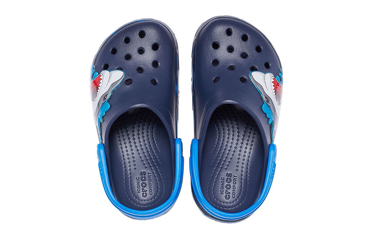 Purchase (Preschool) Crocs Funny Shark Pattern Outdoor Flat Heel Sports Deep Blue Sandals 207070-410