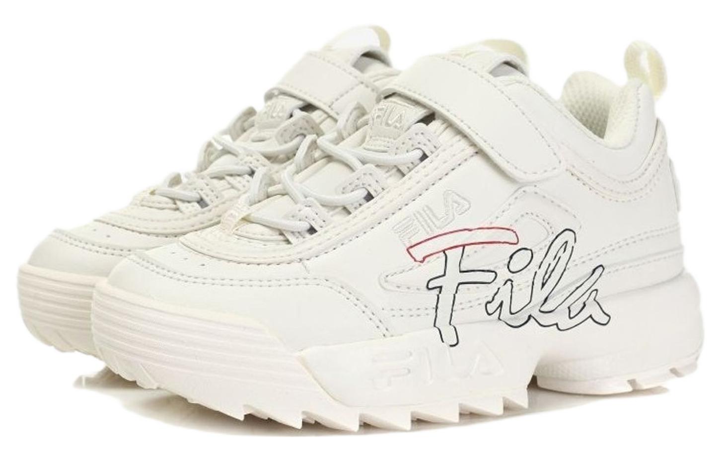 Lookbook 兒童 FILA斐樂 Kids Disruptor 2 防滑耐磨 低幫 運動休閒鞋 米白色