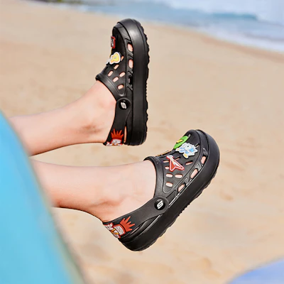 兒童 Skechers 軟底舒適厚底一腳蹬洞洞鞋 減震耐磨透氣兒童涼鞋 黑色 1