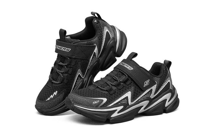 Lookbook 大童 Skechers Wavetronic 休閒 透氣防滑 低筒 兒童跑步鞋 黑銀色