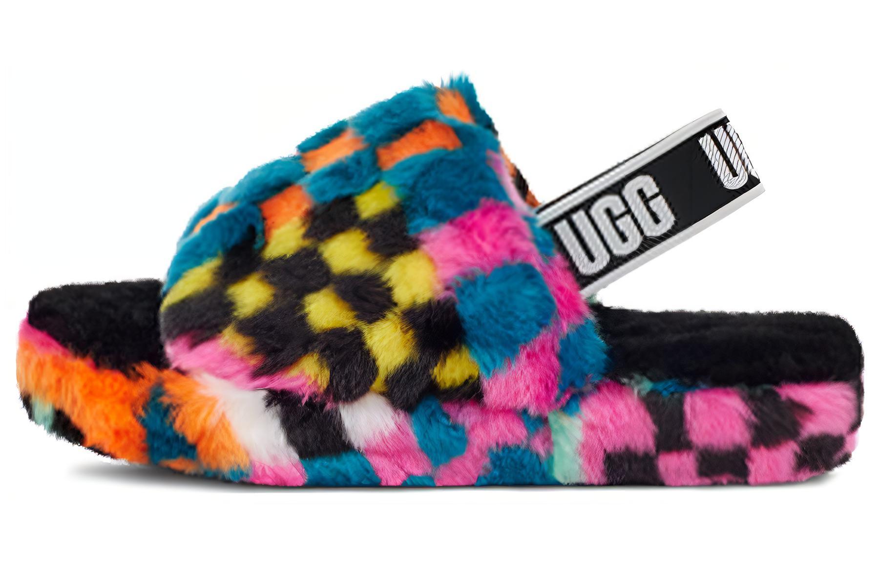 (Preschool) UGG Fluff Yeah Checks Slide 'Black Multi' 1130390K-BLKM