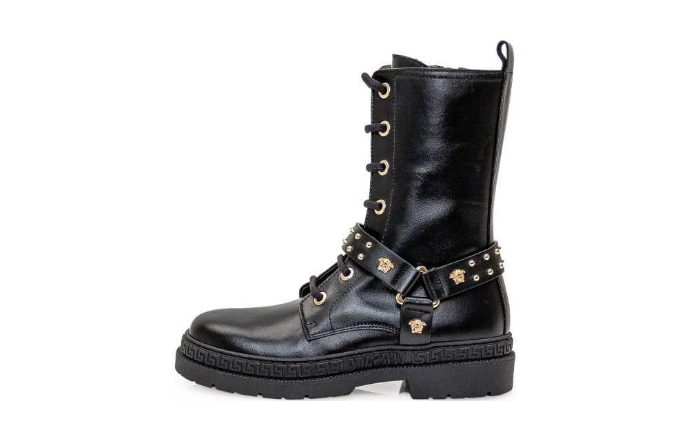 Buy 兒童 VERSACE 范思哲 牛皮 圓頭綁帶 中筒 兒童靴子 黑色