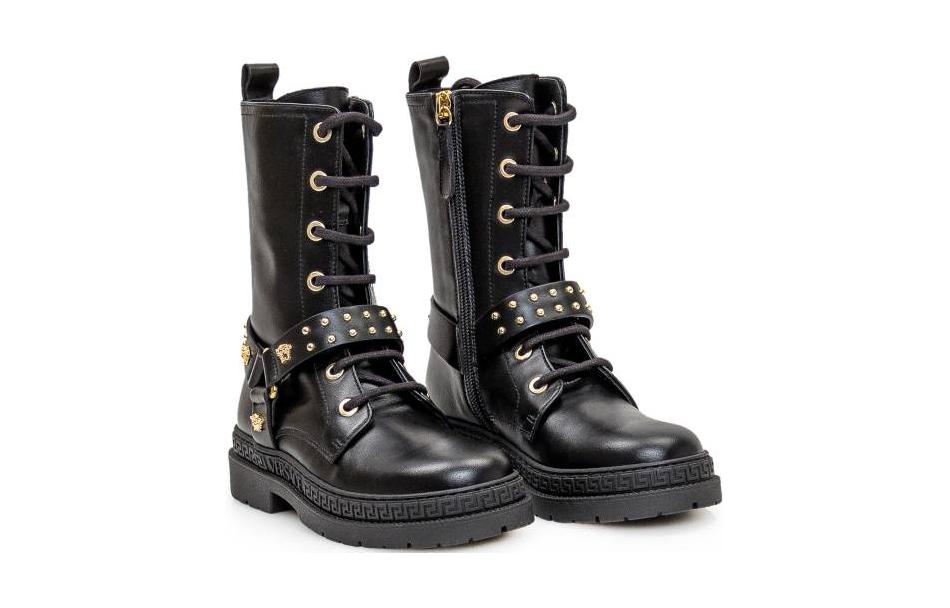 Lookbook 兒童 VERSACE 范思哲 牛皮 圓頭綁帶 中筒 兒童靴子 黑色