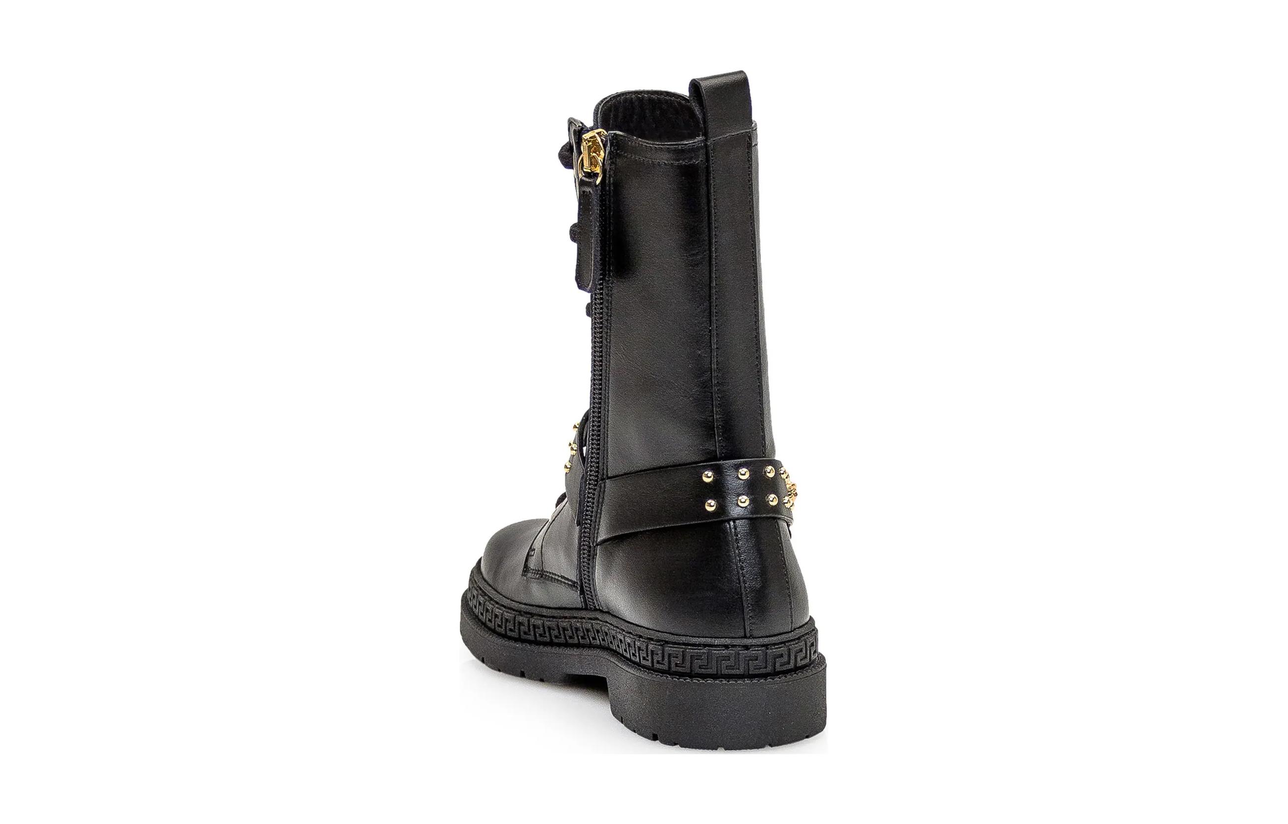 Shop 兒童 VERSACE 范思哲 牛皮 圓頭綁帶 中筒 兒童靴子 黑色