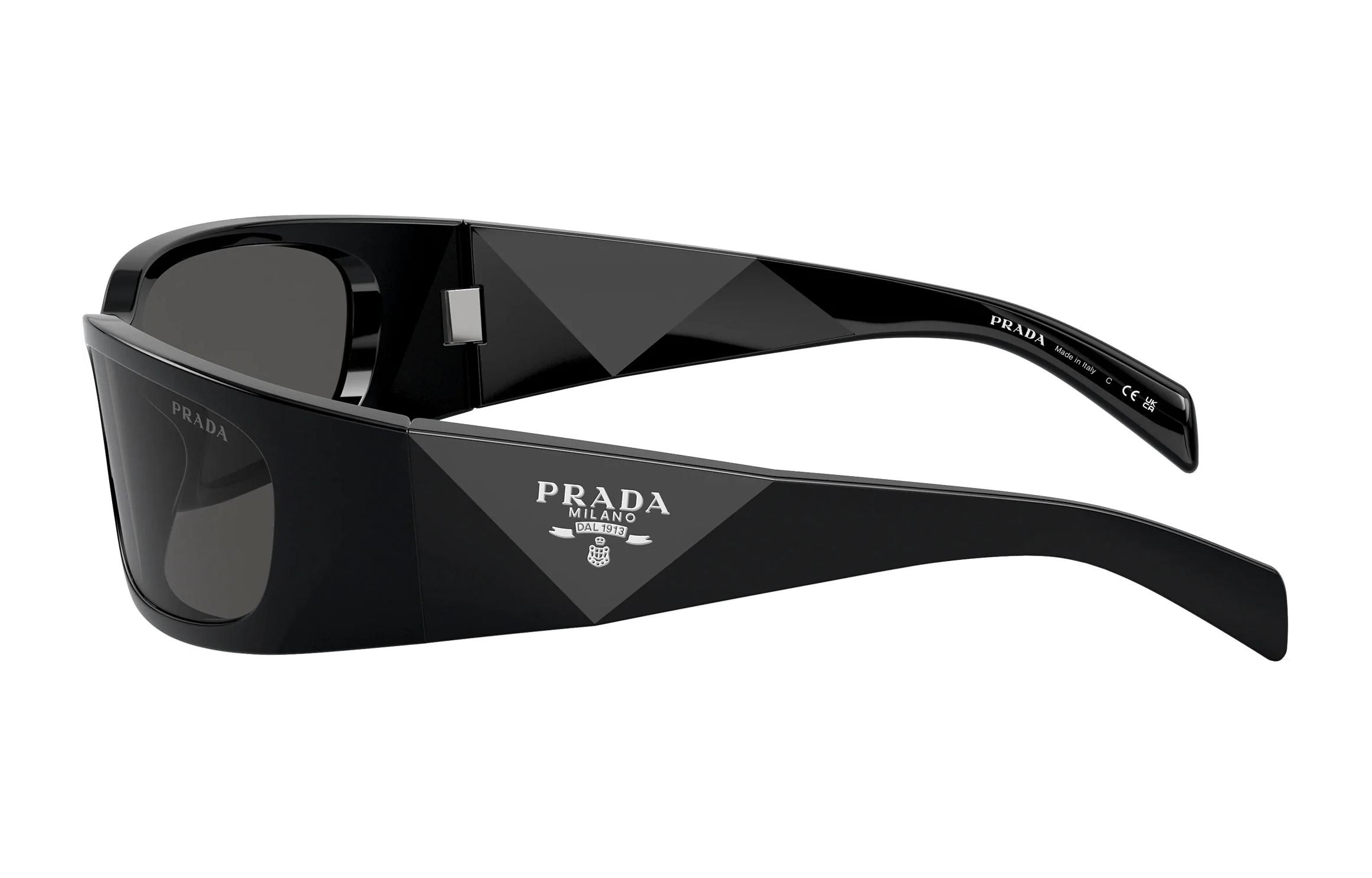 Shop 【Preskripsi Sesuai】 PRADA Unisex Cermin Mata Hitam dengan Logo & Bingkai Tidak Sekata PRA19S1AB5S0