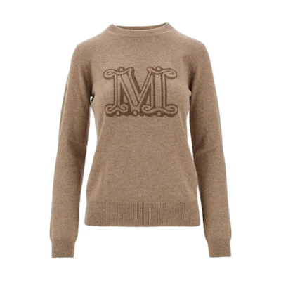 'S Max Mara MaxMara Brown Letter Print Crewneck Long-Sleeve Sweater Pullover 1366213306-015