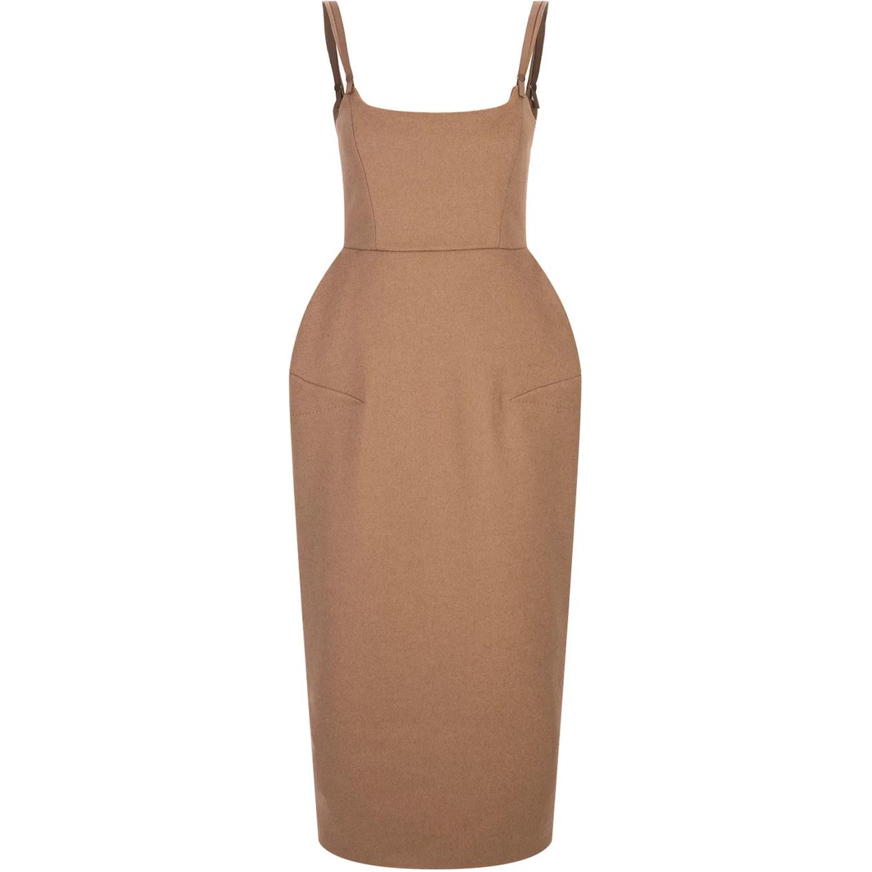 'S Max Mara MaxMara  Brown Solid Square-Neck Loose Midi Slip Dress 2312262636600-001