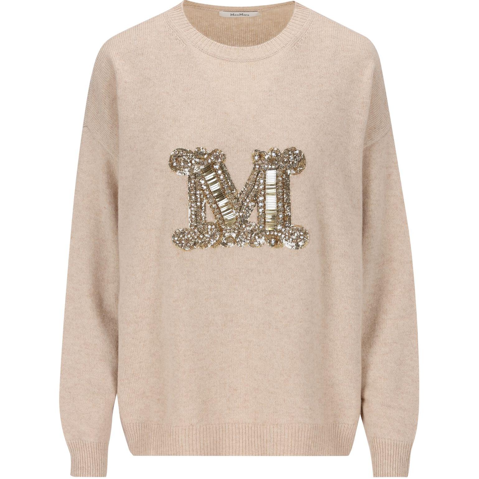 'S Max Mara MaxMara Beige Rhinestone Logo Crewneck Fitted Long Sleeve Sweater Women 2421366232600-032