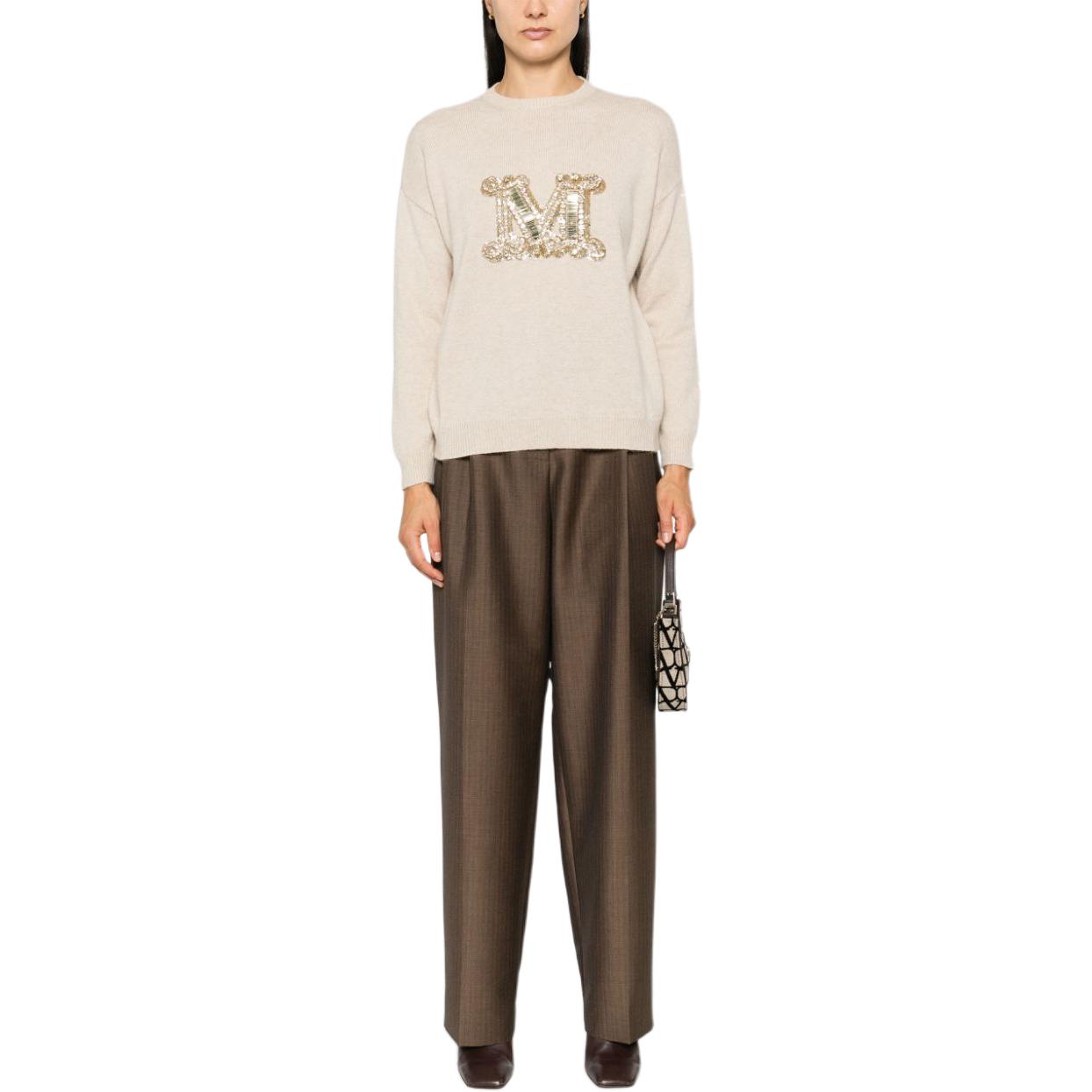 Shop 'S Max Mara MaxMara Beige Rhinestone Logo Crewneck Fitted Long Sleeve Sweater Women 2421366232600-032
