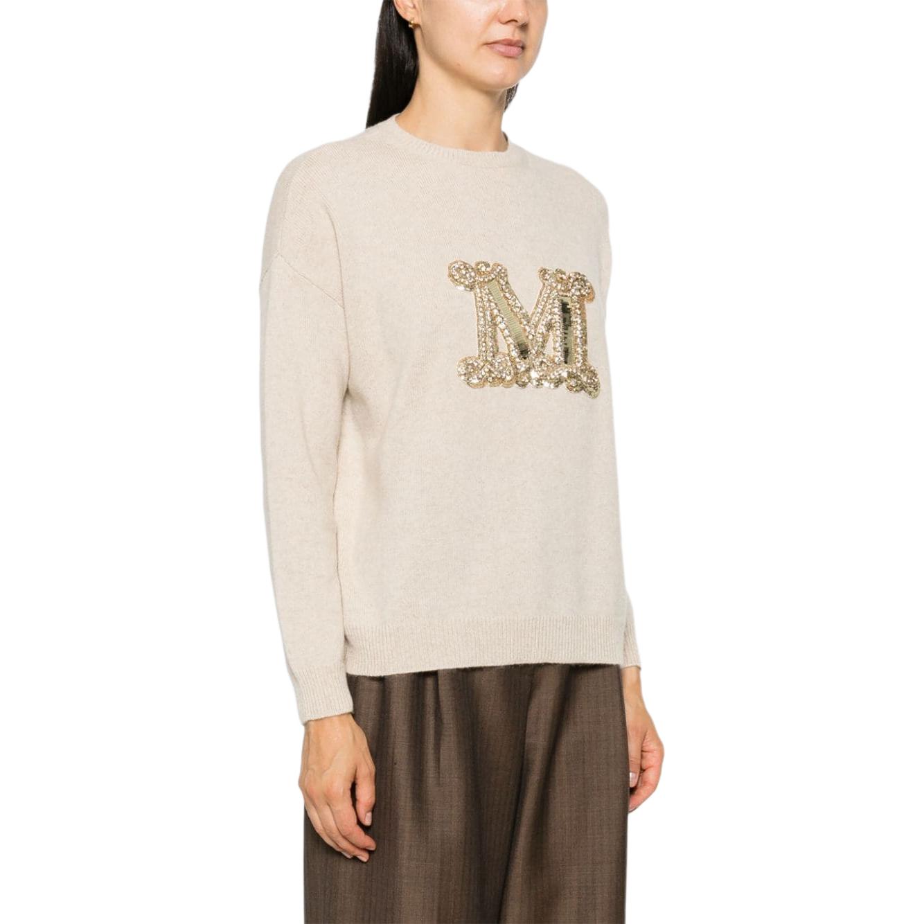 Details for 'S Max Mara MaxMara Beige Rhinestone Logo Crewneck Fitted Long Sleeve Sweater Women 2421366232600-032