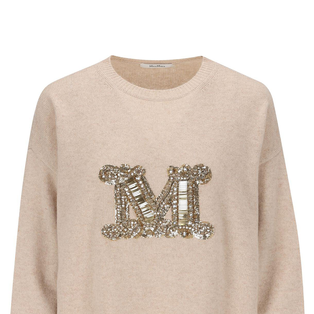 Cheap 'S Max Mara MaxMara Beige Rhinestone Logo Crewneck Fitted Long Sleeve Sweater Women 2421366232600-032