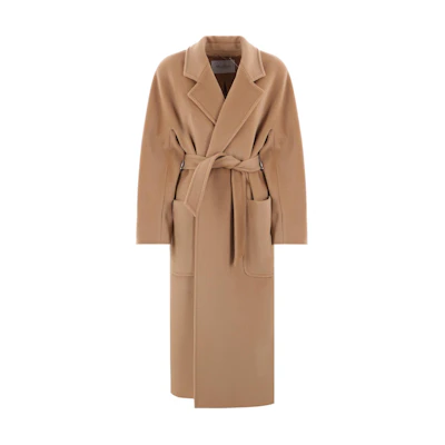 'S Max Mara MaxMara SS24 Camel Belted Long Coat with Minimal Logo Design. 1016074206-001
