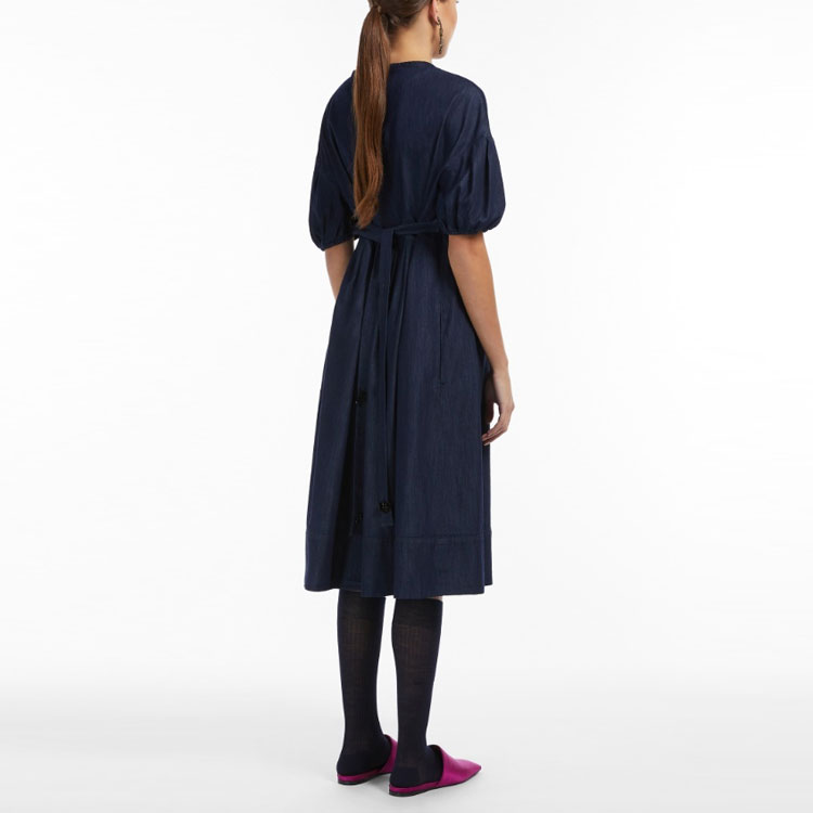 Shop 'S Max Mara S MAX MARA Denim Series Solid Pleated Midi Short-Sleeve Dress in Dark Blue. 9226012806001-DENIMD