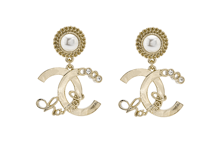 [SS22] CHANEL Gold Double C Pearl Earrings with Rhinestones & Metal Pendant AB7946-B07769-NH123