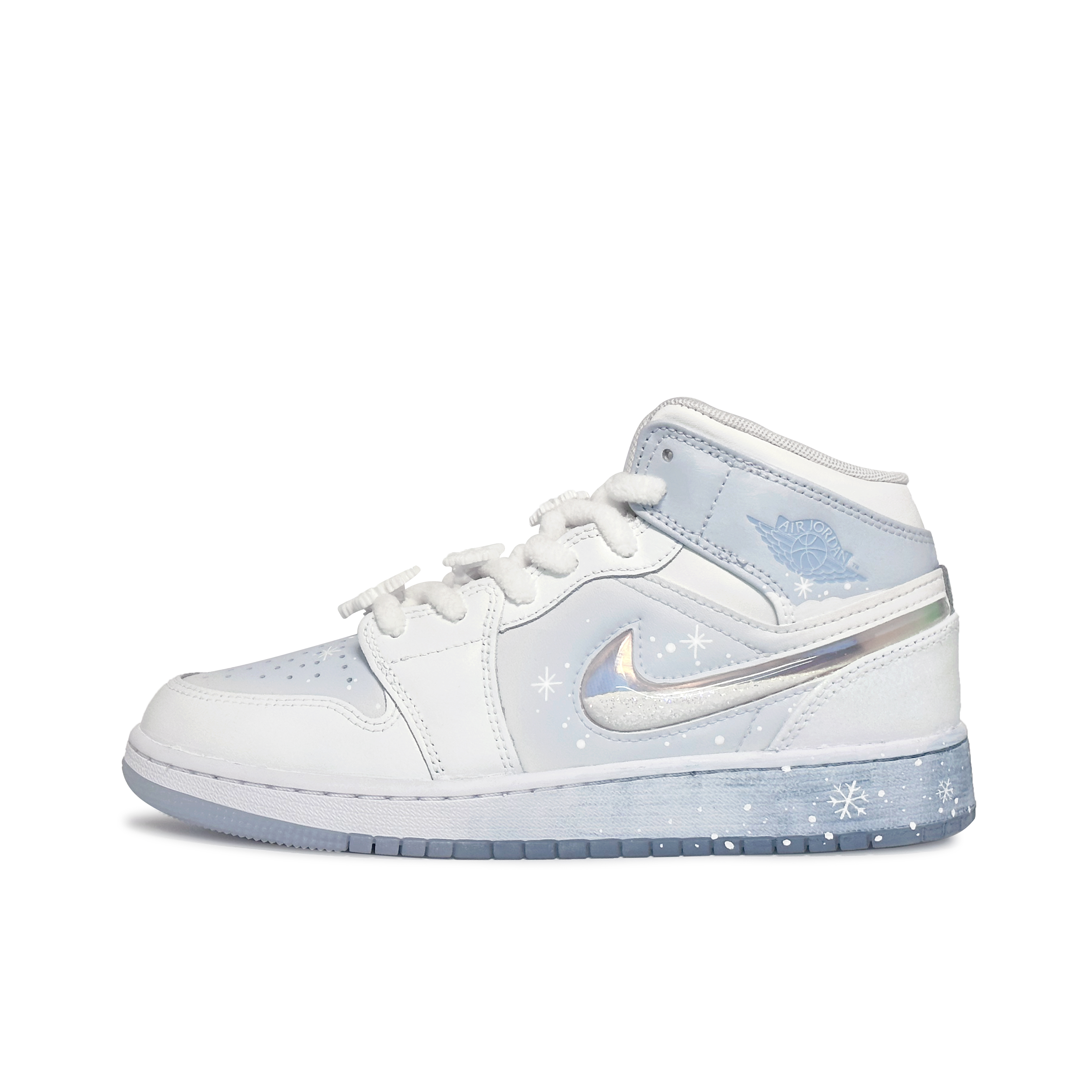 (Toddler) Custom Air Jordan 1 GS Blue/White Winter Vibe Retro Basketball Shoes Mid. FQ9117-400 (Team186-Soft Glow Snow Reflection)