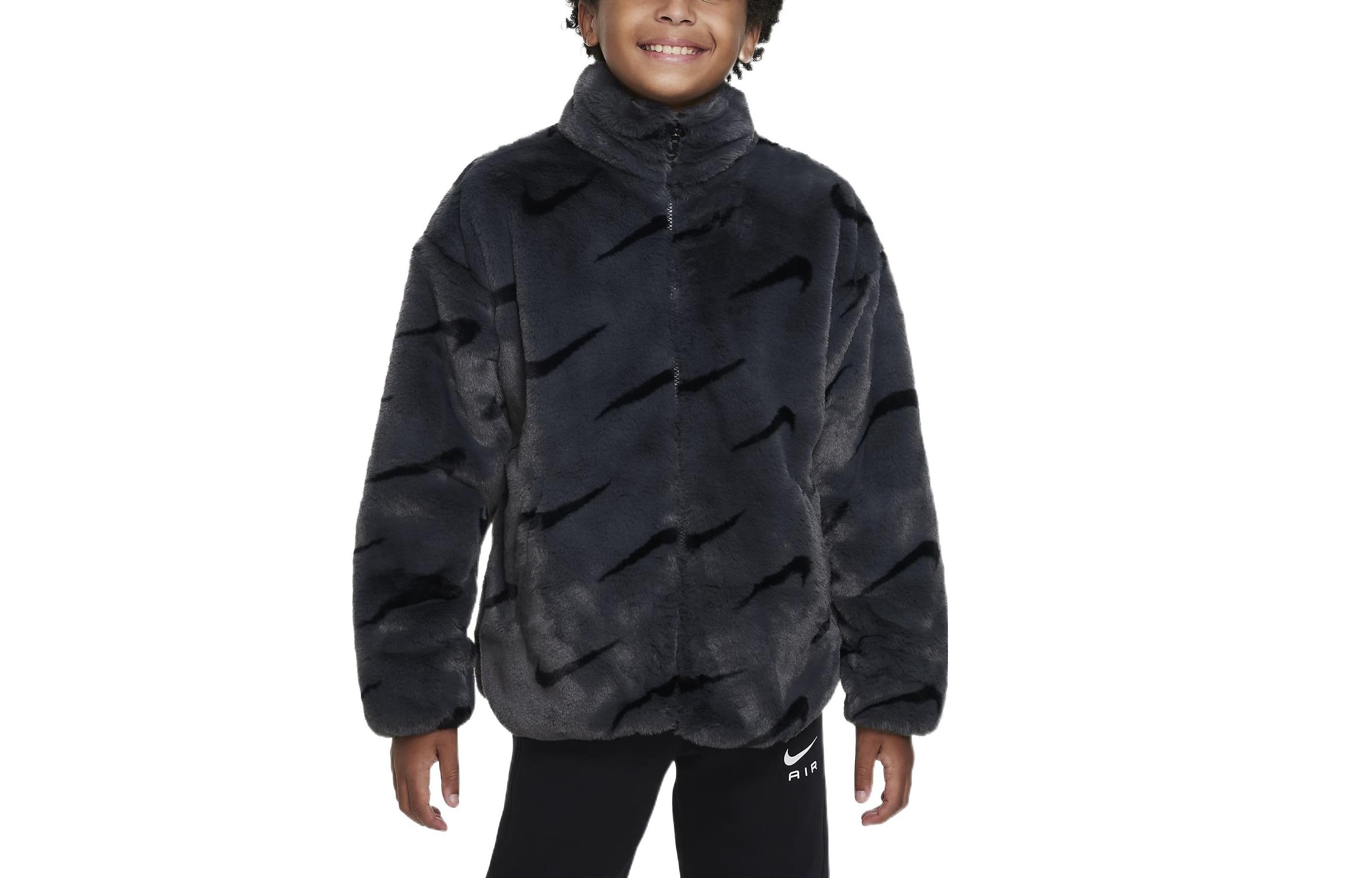 (Toddler) Nike Kids' Faux Fur Zip-Up Jacket FW22 Black Long Sleeve Outerwear DV3252-070