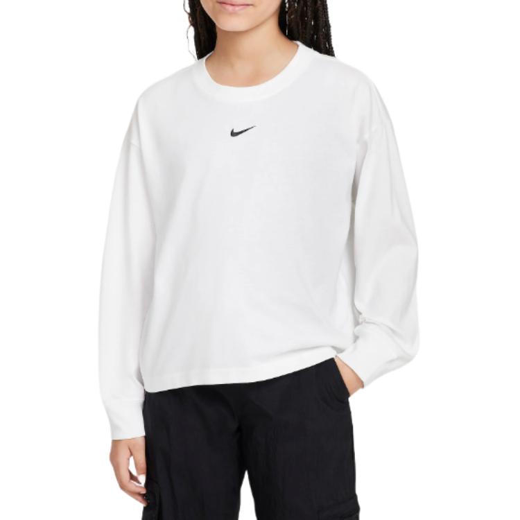 (Toddler) Nike Kids White Long-Sleeve Cotton Tee - Soft & Comfortable Loose Fit FZ5535-100