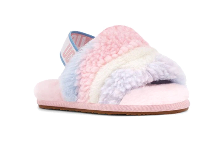 Lookbook 幼童 UGG Fluff Yeah Slide 簡約休閒露趾毛絨涼鞋 粉條紋