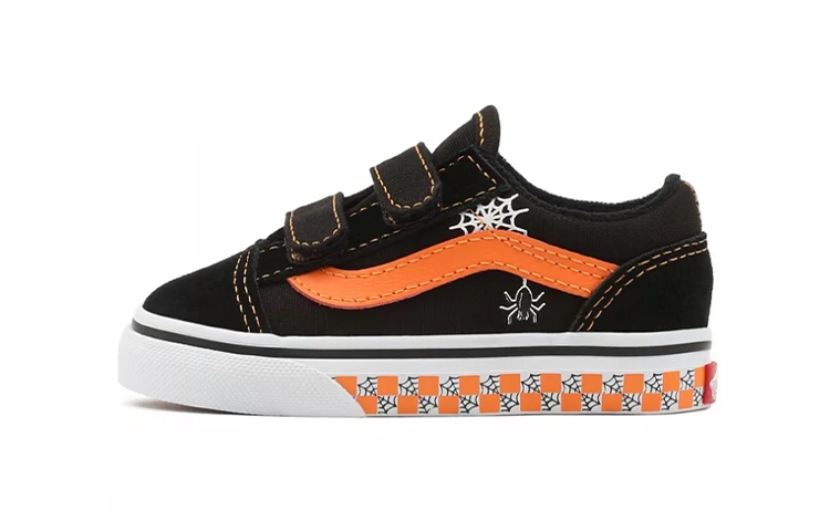 (Toddler) Vans Glow Checkerboard Web Old Skool Velcro Low-Top Sneakers Black/Orange VN000D3Y8BF