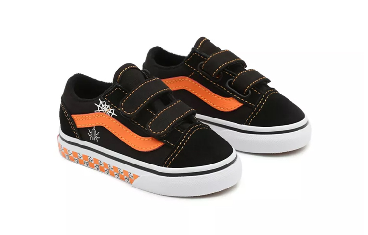 Lookbook (TD) Sepatu Vans Glow Checkerboard Web Old Skool Velcro Hitam/Oranye VN000D3Y8BF