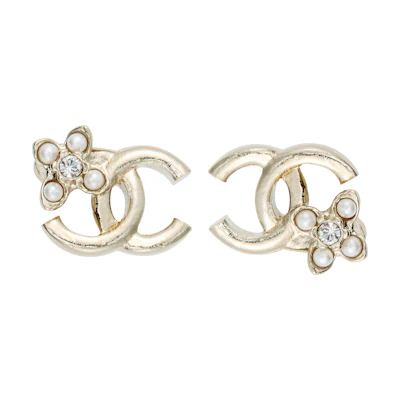 (Women) 【2023 New】 CHANEL Classic Double C Flower Rhinestone Gold Metal Earrings Women AB-23K-005