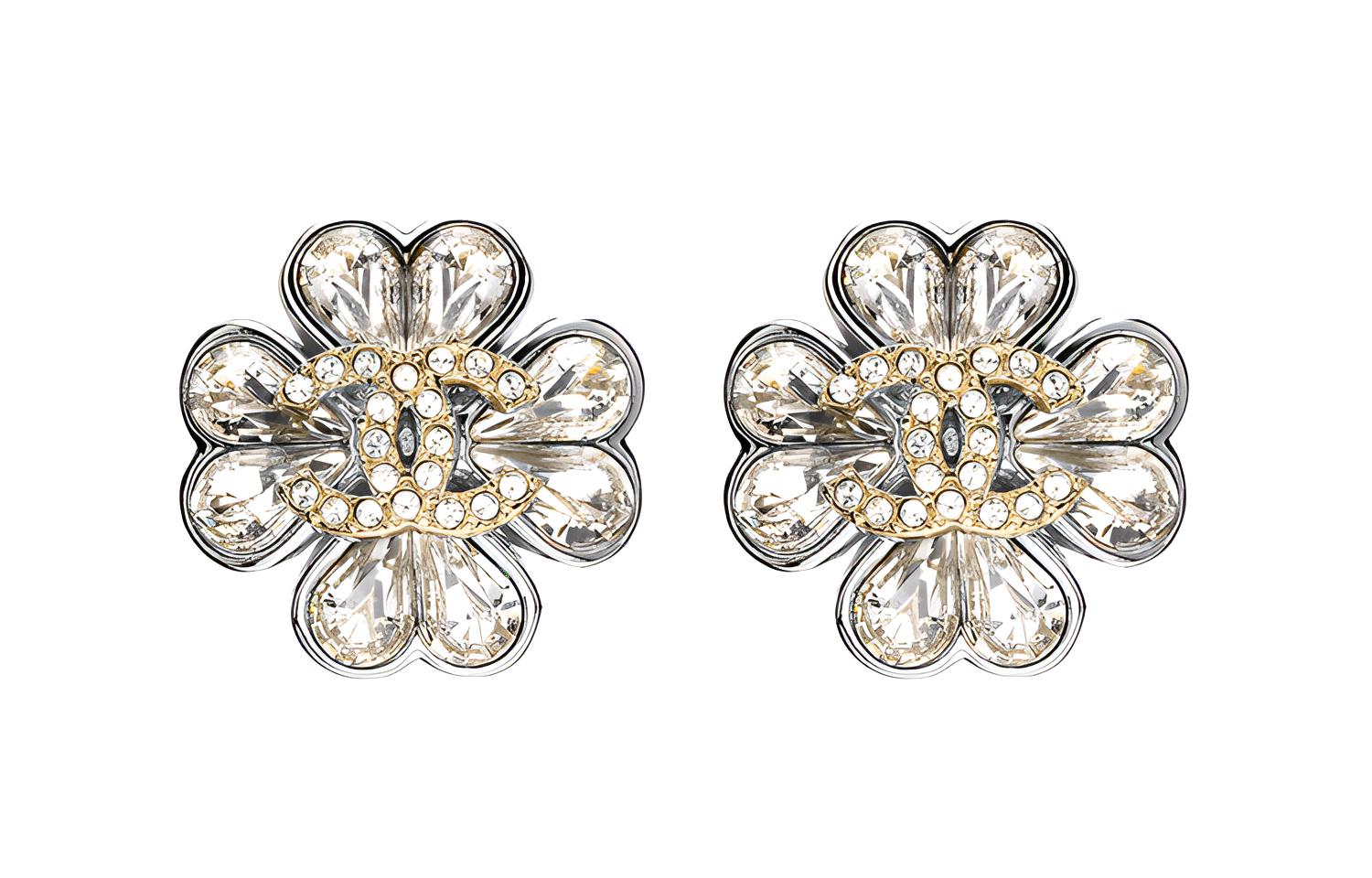 (Women) [23 Spring/Summer] CHANEL 23S Classic Double C Crystal Flower Earrings Silver ABA910-B10902-NO032