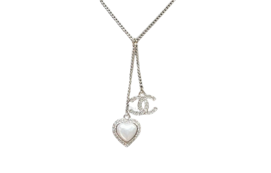 (Women) [23B] CHANEL Silver Love Heart Rhinestone Double C Pendant Necklace Women ABB618-B14142-NR575
