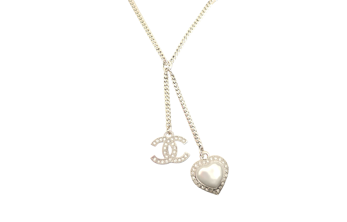 (Women) [23B] CHANEL Silver Love Heart Rhinestone Double C Pendant Necklace Women ABB618-B14142-NR575 圖 3