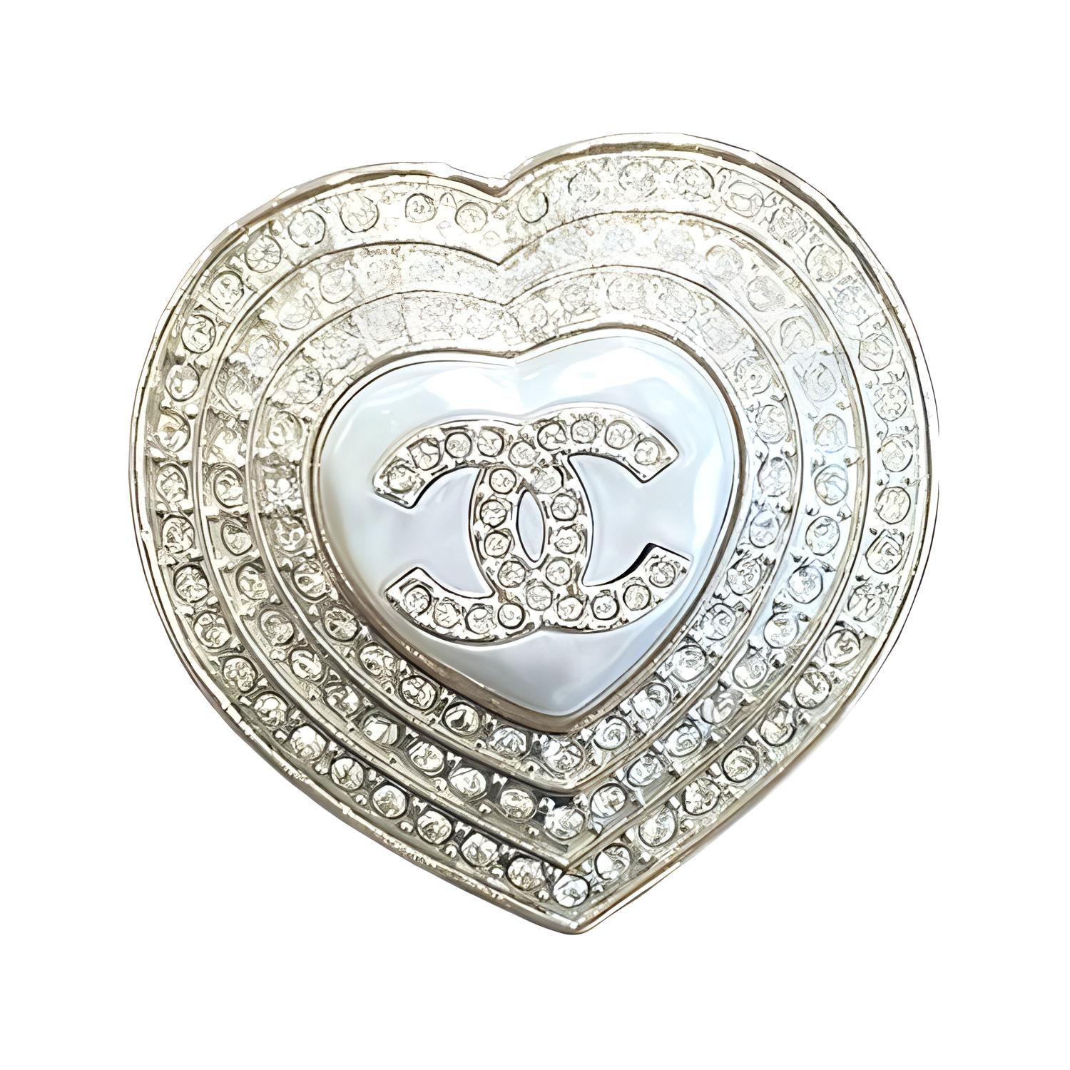 (Women) [23B New] CHANEL Classic Double C Heart Shaped Rhinestone Brooch Silver for Women ABB623-B14143-NR575
