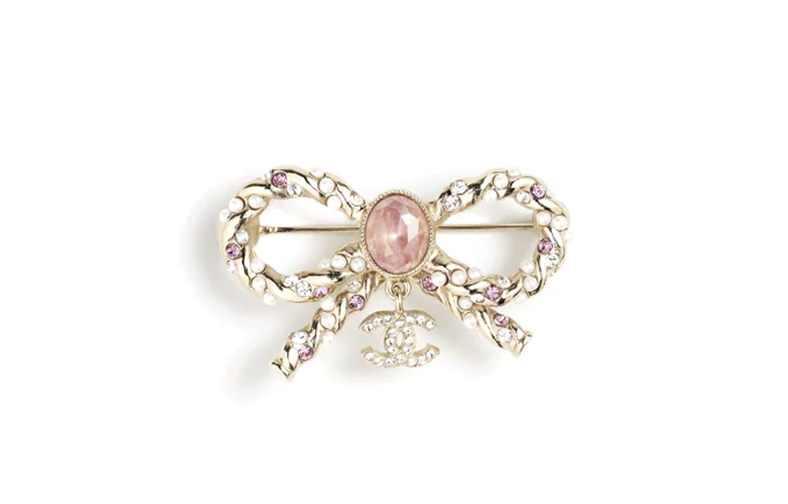 (Women) [23B New] CHANEL Classic Double C Rhinestone Gem Bow Brooch Pink  Accessory ABB522-B14167-NR614