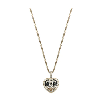 (Women) 【23B New】 CHANEL Double C Black Gold Heart-Shaped Rhinestone Necklace Gold ABB650-B14145-NR576