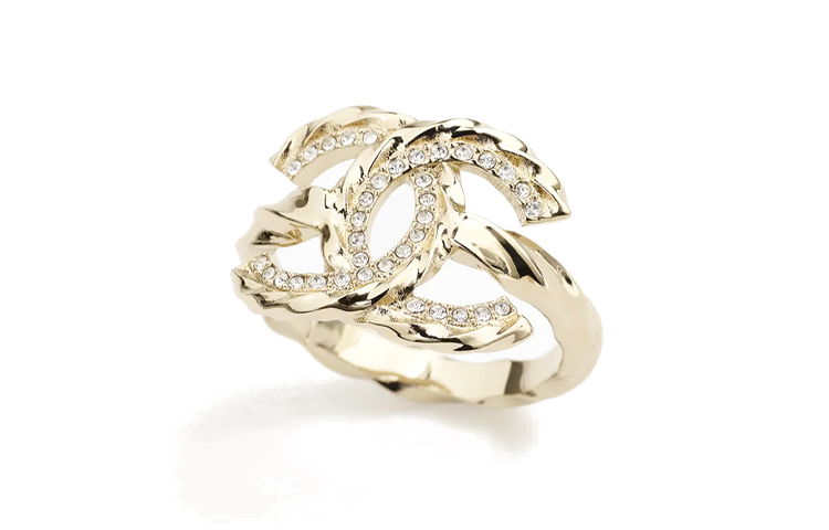 (Women) [23B New] CHANEL Double C Metal Rhinestone Gold Ring for Women Gold ABB755-B10484-NN009