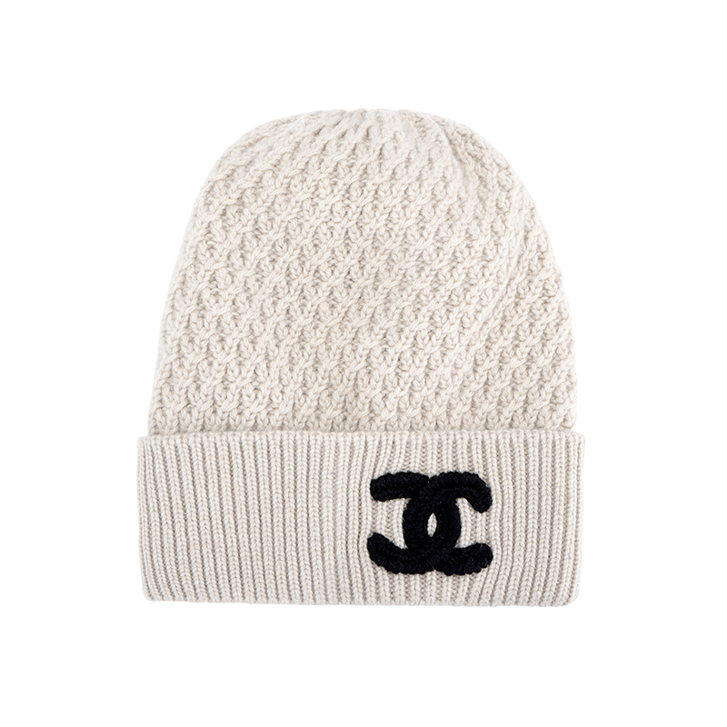 (Women) [23B New] CHANEL Logo Knit Wool Beanie Women Beige AA9338-B13721-NQ471
