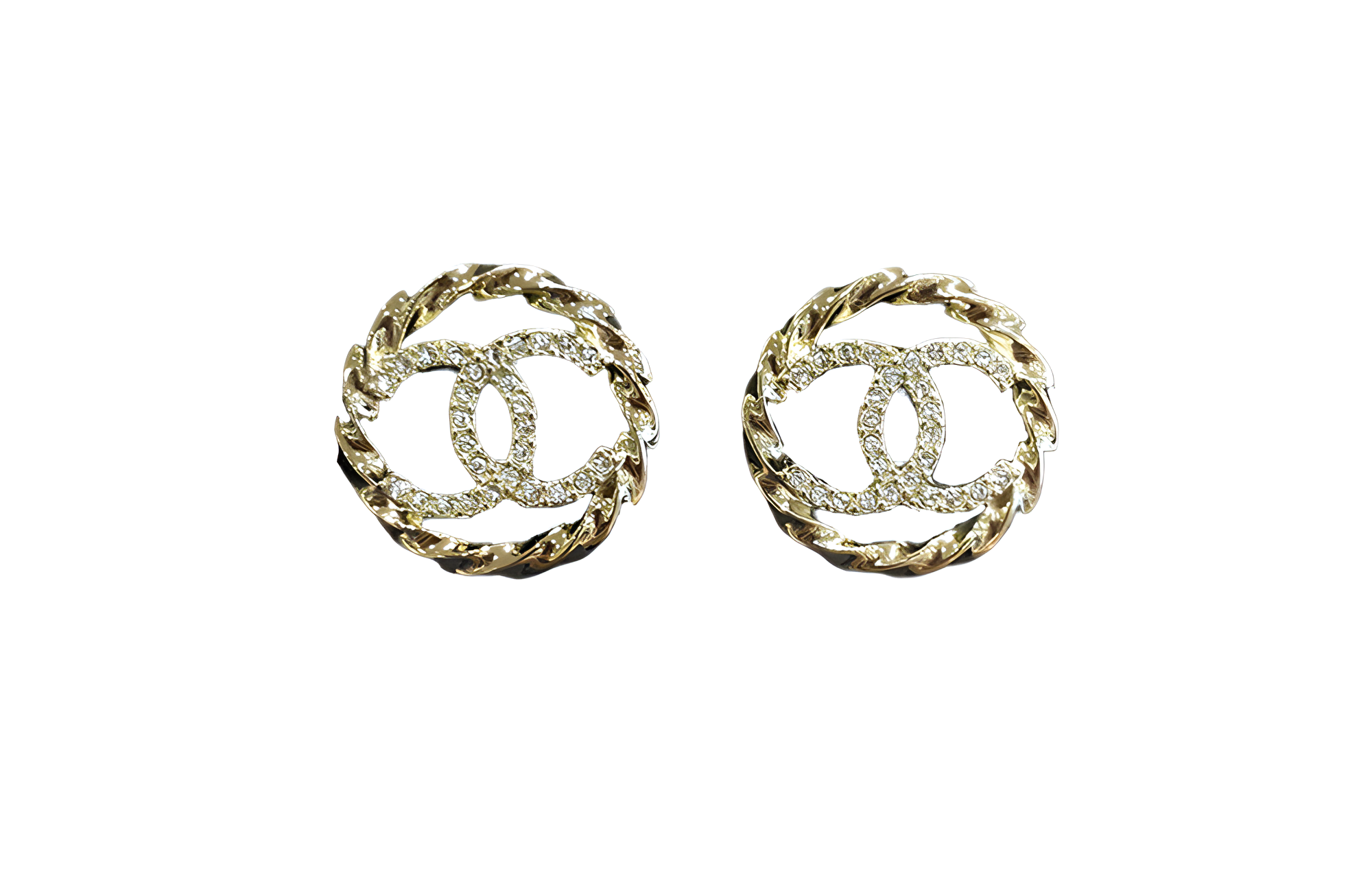 (Women) [23B New] CHANEL Round Hollow Twisted Rhinestone Double C Earrings Women ABA208-B10484-NN009