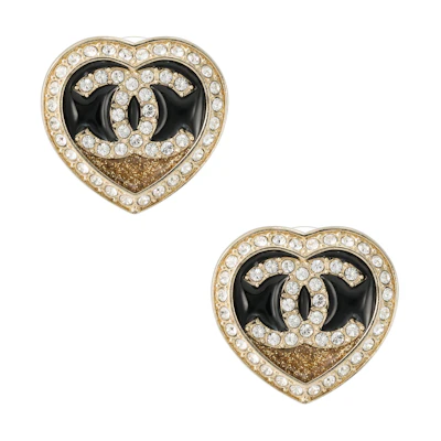 (Women) 【23B New】CHANEL Classic Double C Heart Rhinestone Metal Earrings Black Gold ABB664-B14145-NR576