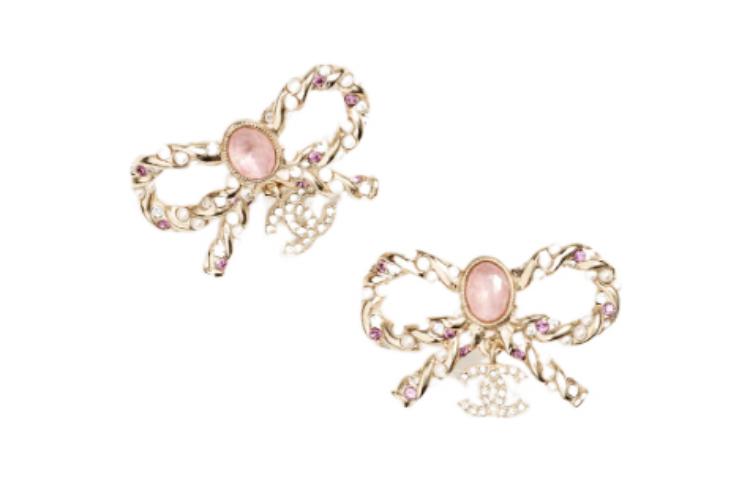 (Women) [23B Release] CHANEL Classic Double C Bow Earrings Gold with Rhinestones & Pearls ABB508-B14167-NR614