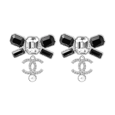 (Women) 【23K】 CHANEL Classic Double C Pendant Earrings Black Silver Rhinestone Bow ABB993-B14556-NS395