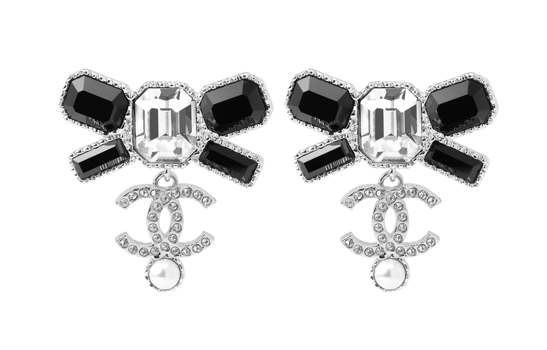 (Women) 【23K】 CHANEL Classic Double C Pendant Earrings Black Silver Rhinestone Bow ABB993-B14556-NS395 圖 2