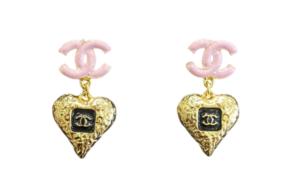 (Women) 【23K New】CHANEL Classic Gold Heart Pink Double C Pendant Earrings for Women ABC251-B14727-NS733
