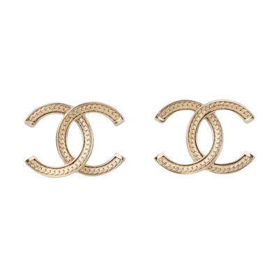 (Women) 【24B New】 CHANEL Double C Engraved Textured Stud Earrings Gold - . AB-24B-0017