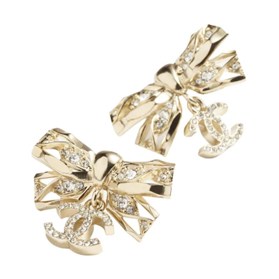 (Women) 【24B Style】CHANEL Bow Double C Pendant Metal Rhinestone Earrings Gold ABE201-B16786-NY394