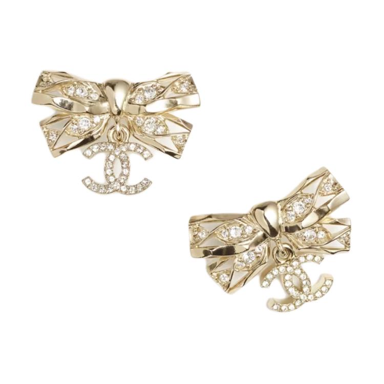 (Women) 【24B Style】CHANEL Bow Double C Pendant Metal Rhinestone Earrings Gold ABE201-B16786-NY394 圖 3
