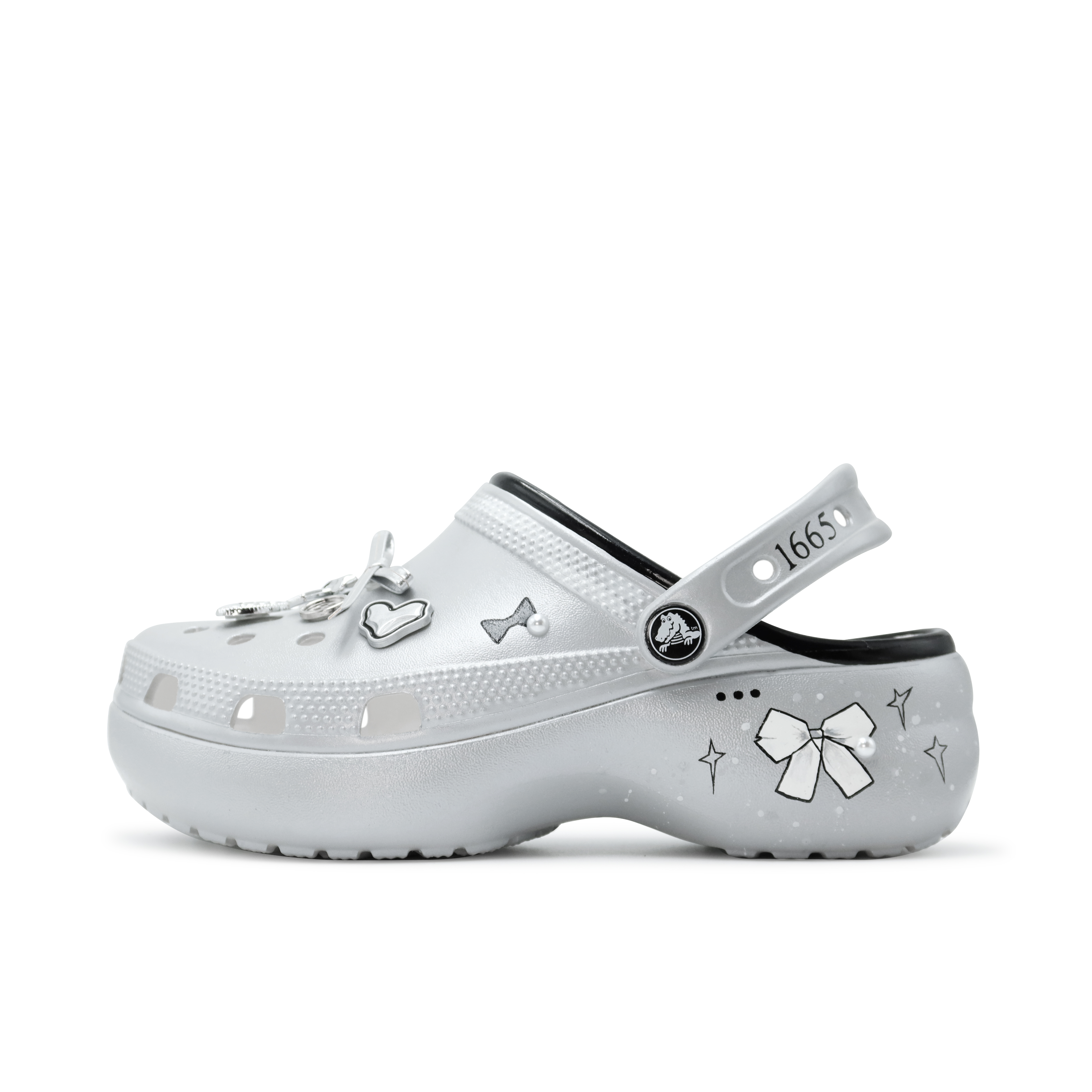 (Women) 【Custom Shoes】Crocs Classic Platform Clog Pearl Bow Baroque Punk Ballet Silver 206750-100(Team186 - Girl's Pictorial Magazine)