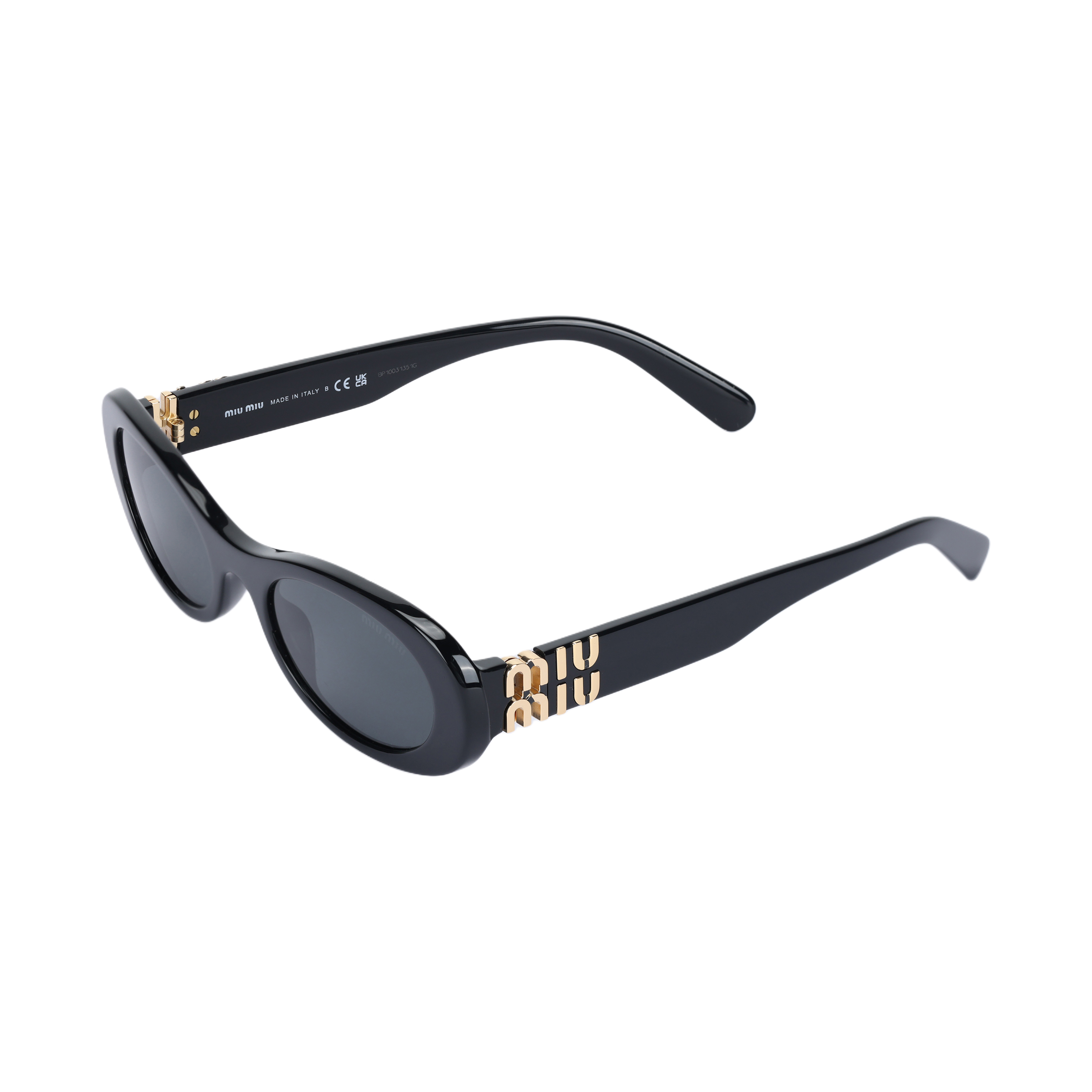 (Women) MIU MIU Black Oval Sunglasses with Engraved Temples MU06ZS1AB5S0C