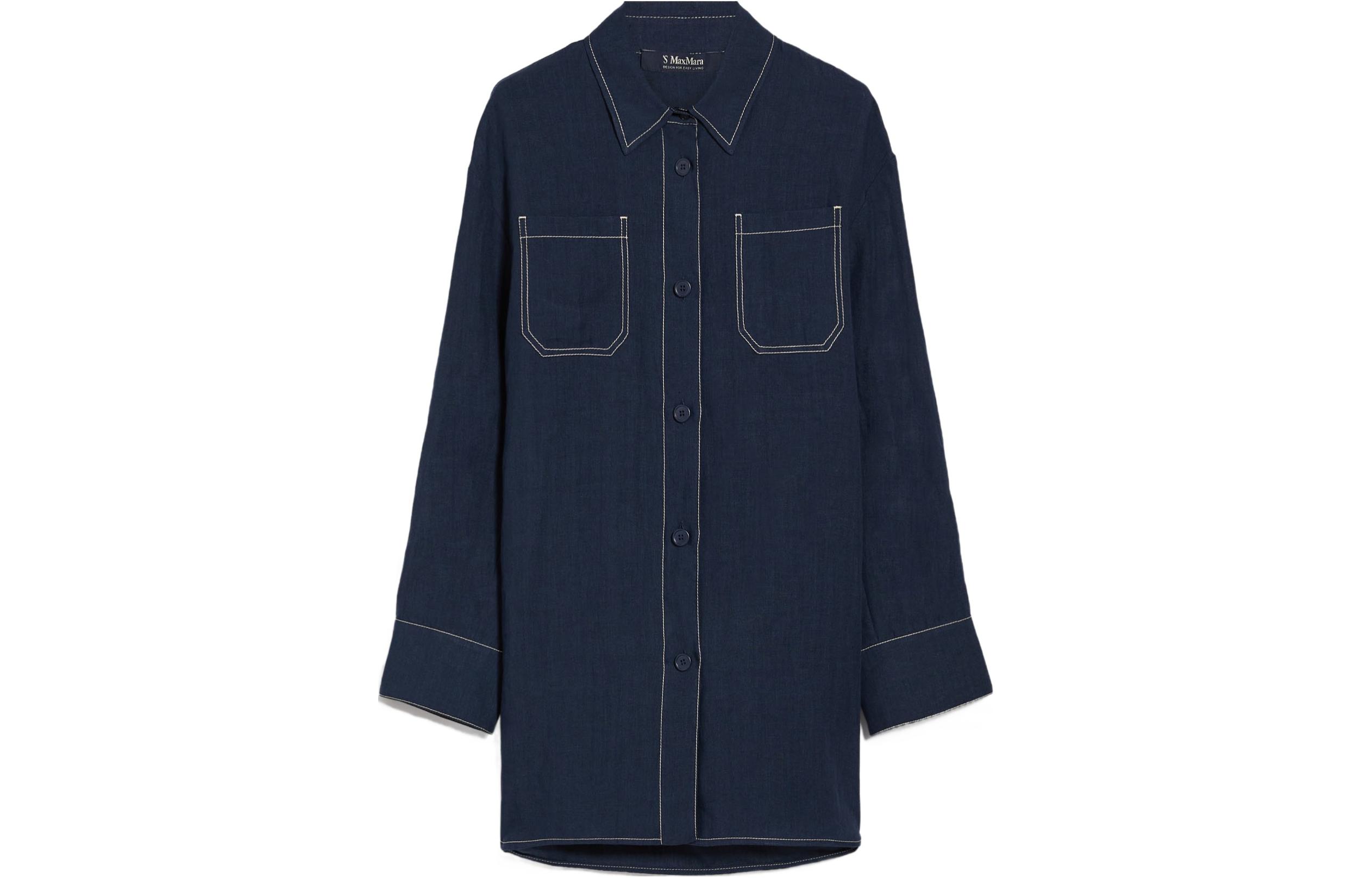 (Women) 'S Max Mara MAX MARA Solid Contrast Trim Point Collar Long Sleeve Shirt Navy 9111054306-004