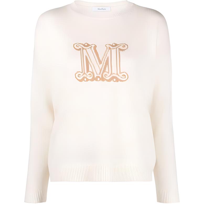 (Women) 'S Max Mara MaxMara  Beige Knitted Sweater with Logo Intarsia and Crew Neck. 2313610131600-003