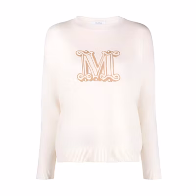 (Women) 'S Max Mara MaxMara Beige Knitted Sweater with Logo Intarsia and Crew Neck. 2313610131600-003
