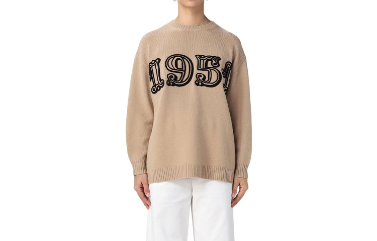 (Women) 'S Max Mara MaxMara  Beige Oversized Knit Sweater with Numeric Intarsia Design. 2313611431600-015