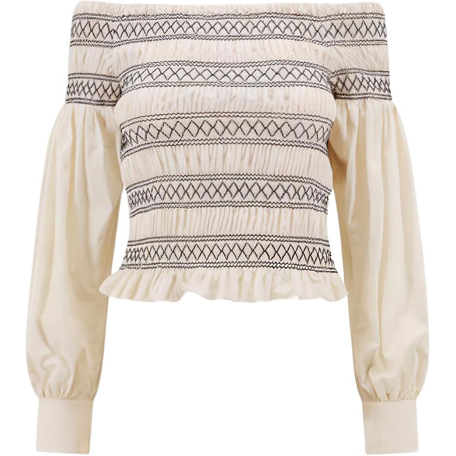 (Women) 'S Max Mara MaxMara  Beige Striped Off-Shoulder Long Sleeve Shirt 2411111091600005