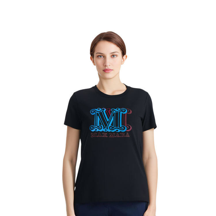 Shop (W) 막스마라 블랙 로고 프린트 크루넥 반팔 오버사이즈 티셔츠 19460423-600-007